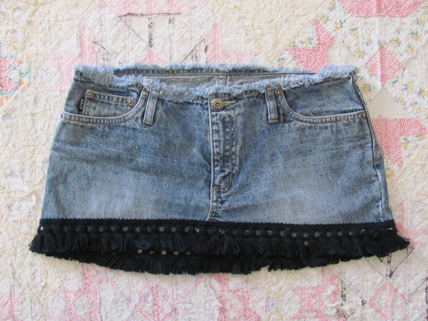 Upcycled Aeropostale Jeans Mini skirt tassel fringe low rise size 7 / 8