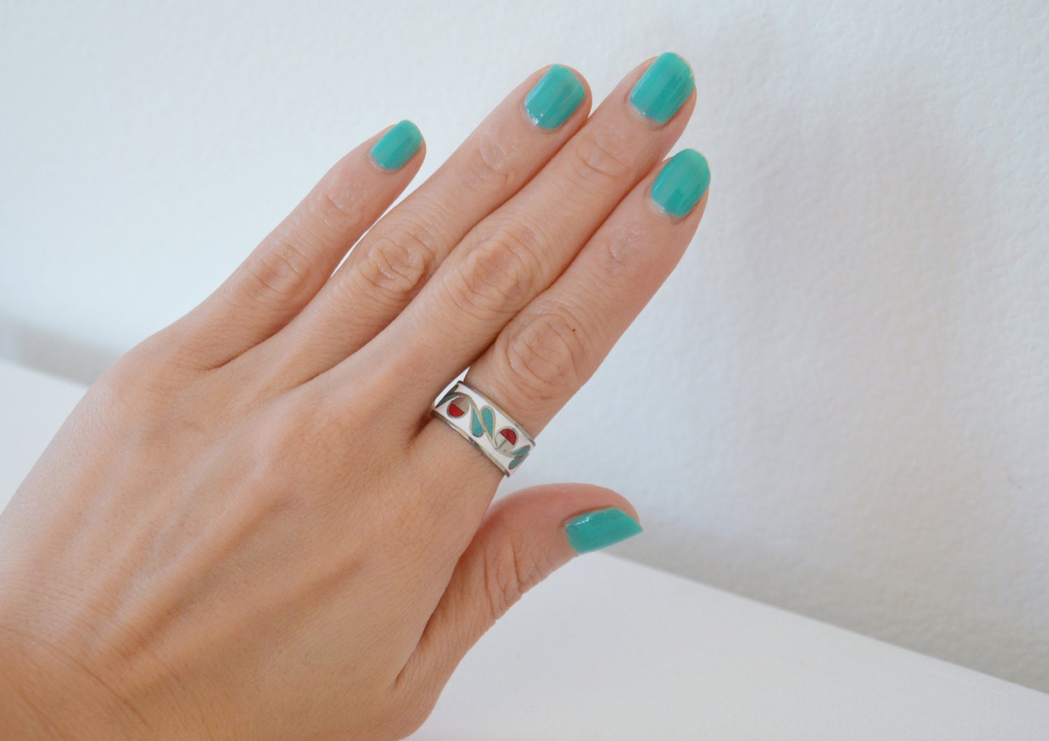 Vintage white red and turquoise pattern ring.