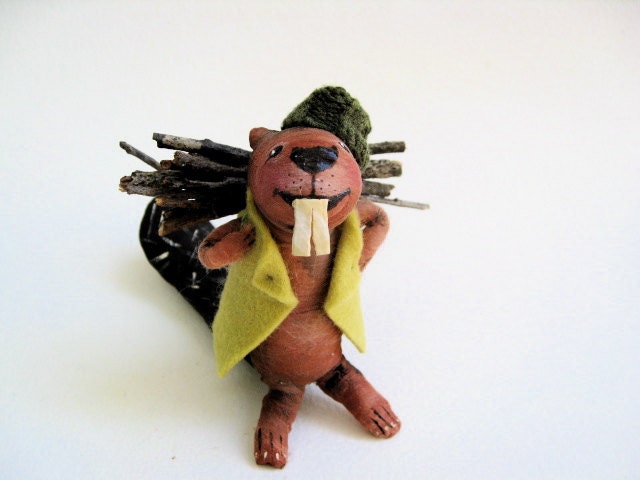 Ooak, Spun Cotton, Woodland, Beaver, Animal, Figurine, by Sara Duarte