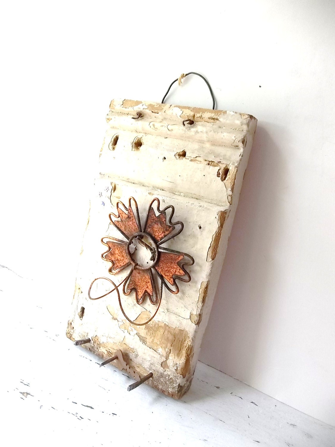 Rustic Farmhouse Wood Wall decor. Shabby Key Hook. Jewelry hook. Mixed Media