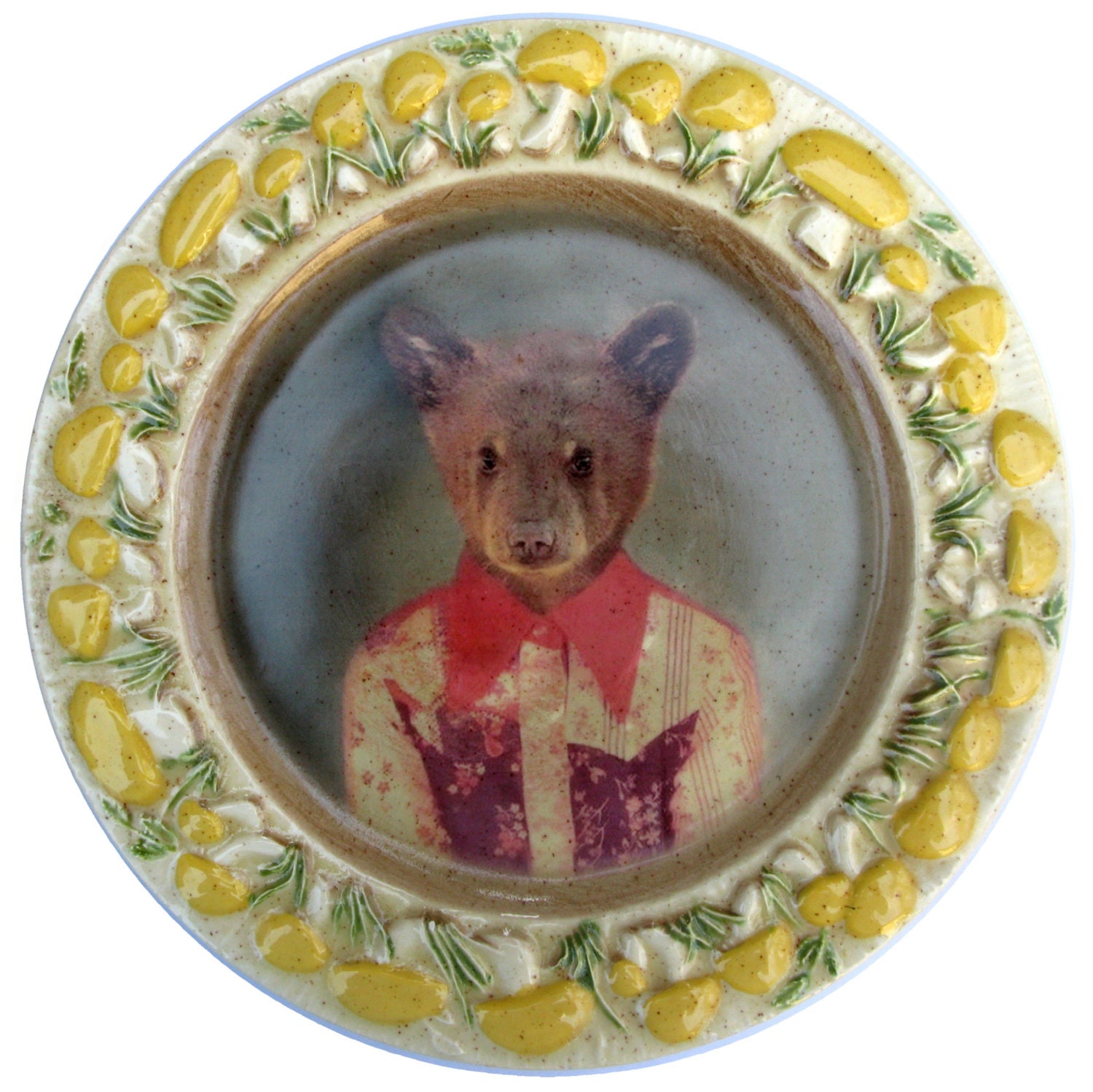 Joey the Bear, 1st grade picture - Altered Molded Mushroom Plate
