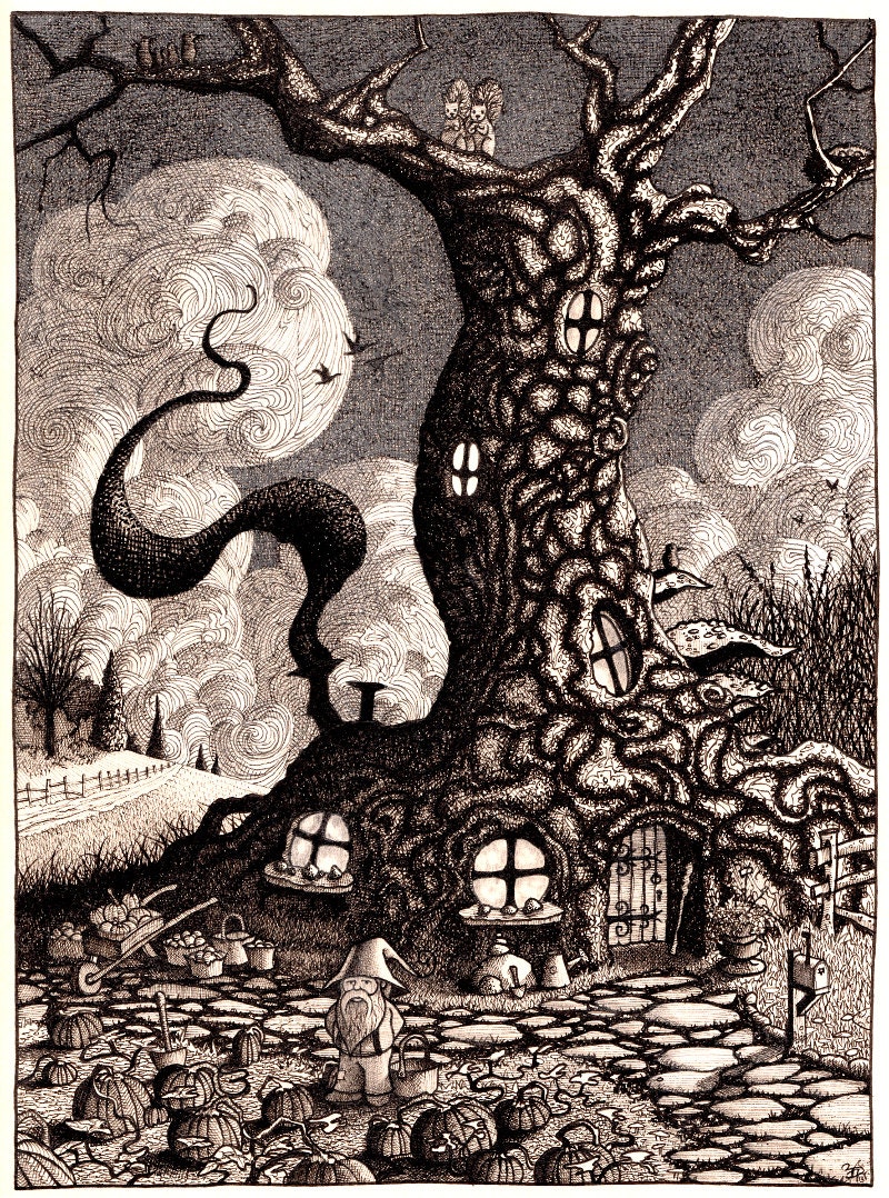 Fantasy Halloween Art Gnome Tree Whimsical Ink Drawing Art Print - Phillip's Quest - 8 x 10