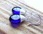 Cobalt Blue Glass Earrings, Dark Blue Czech Glass Wire Wrapped Teardrops, Sterling Silver Briolette Earrings, Fashion, Ocean Jewelry
