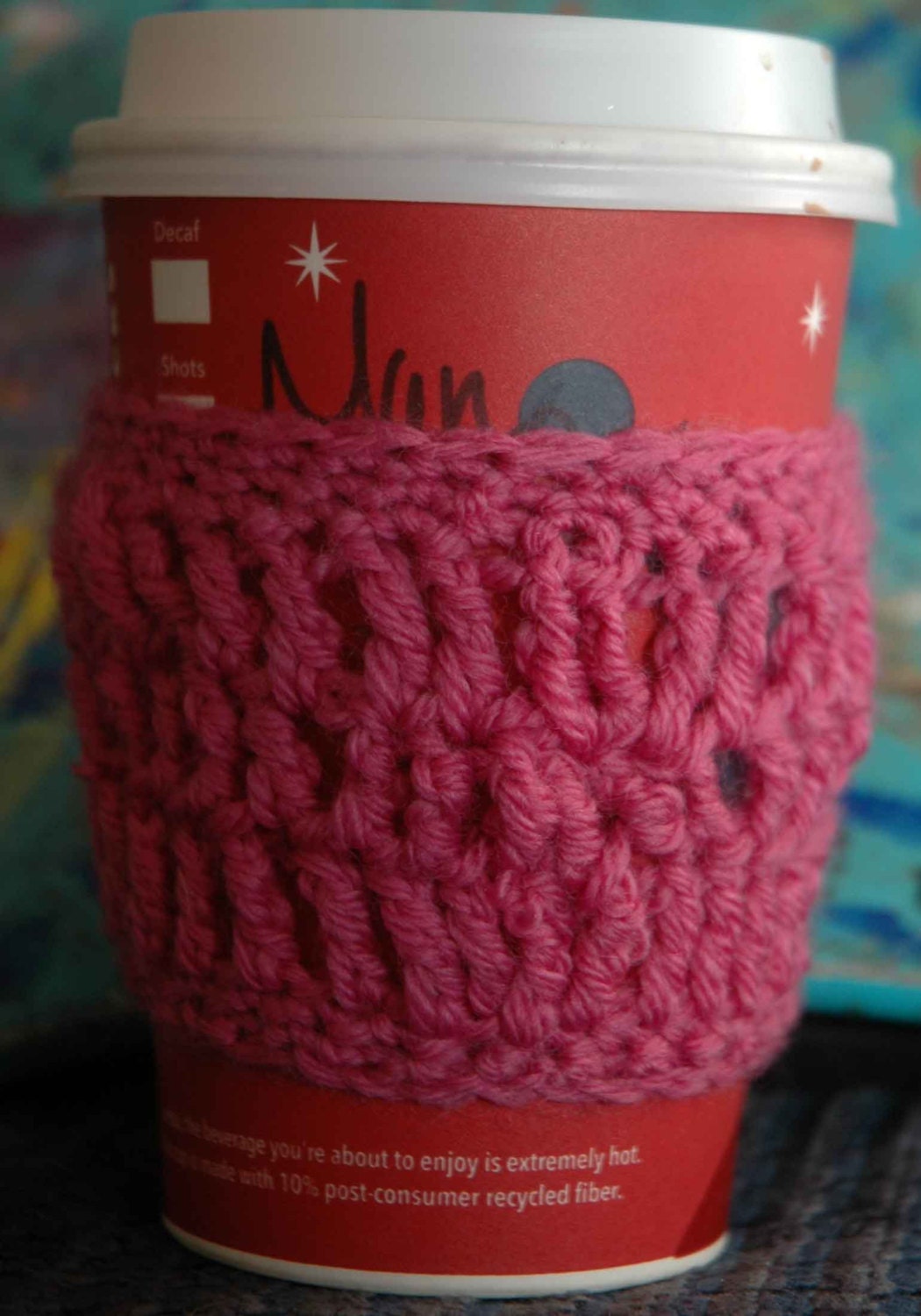 Rosey pink Crochet cozy sleeve for take out coffee cup