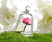 Bright Pink Rose in a Bell Jar Terrarium Necklace / Pendant