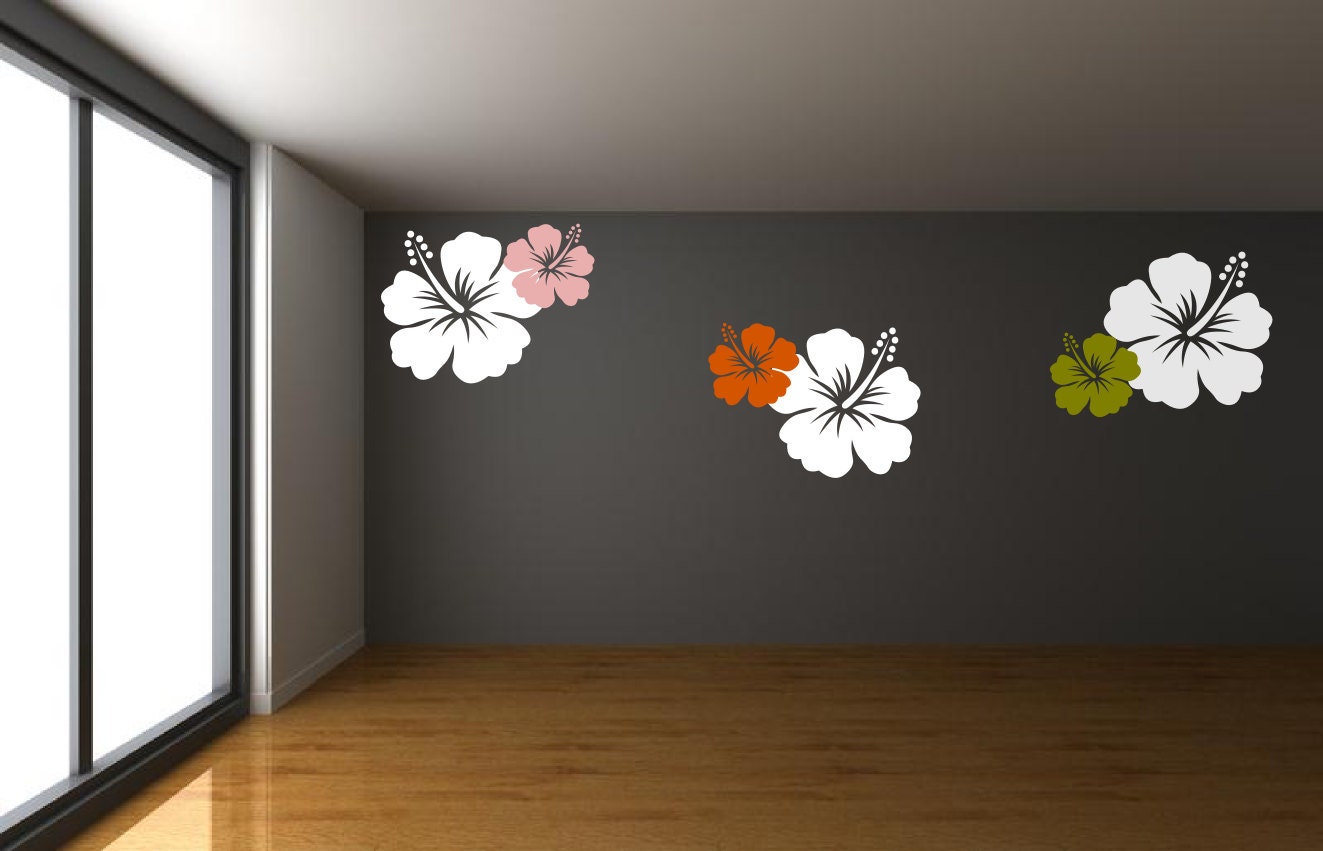 A set of 6 Hawaiian Hibiscus Flowers - vinly wall art decals stickers graphics by 3rdaveshore Roxy Girls Room