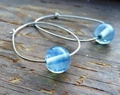 Handmade Oblong Hoops with Vintage Opalescent Aqua Blue Beads, 2" Tall