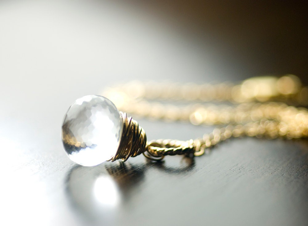 Rock Crystal Gold Wire Wrapped Pendant Necklace - 14k Gold, Onion Briolette, Ice, April Birthstone, Moss and Mist - "Cirrus"