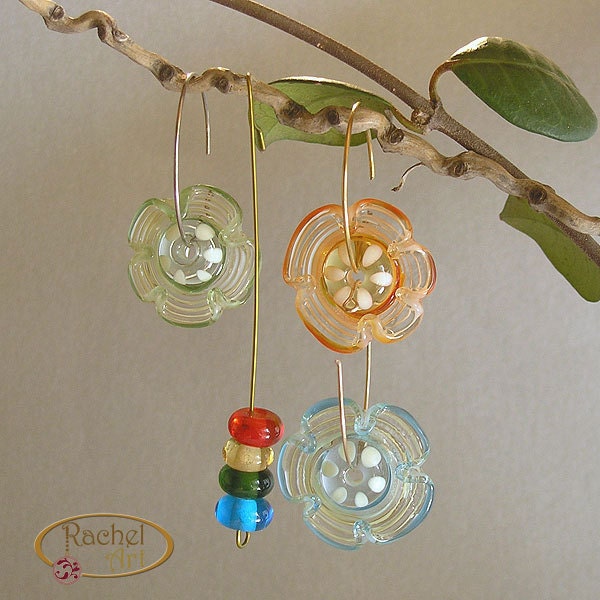 Flower Glass Beads, Lampwork Flower Beads, Handmade Lampwork Glass Disc Beads Set (21)