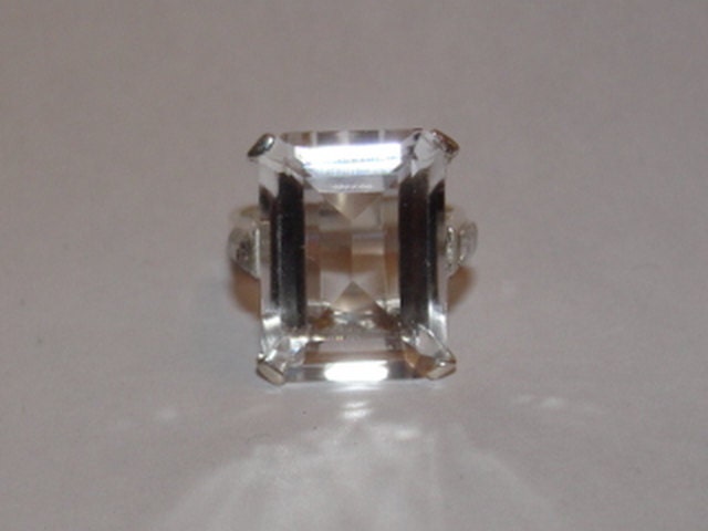 Massive Sterling Silver Emerald Cut Rock Crystal Quartz Cocktail Ring