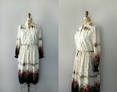 Vintage 1970s Dress - 70s Ivory Floral Bohemian Day Dress - May Flowers