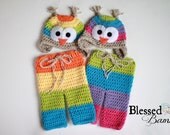 Rainbow Owl Hat and Pant Sets - Newborn Size - Girl and Boy Colors - Rainbow Stripe Pants - Ready to Ship - Twins