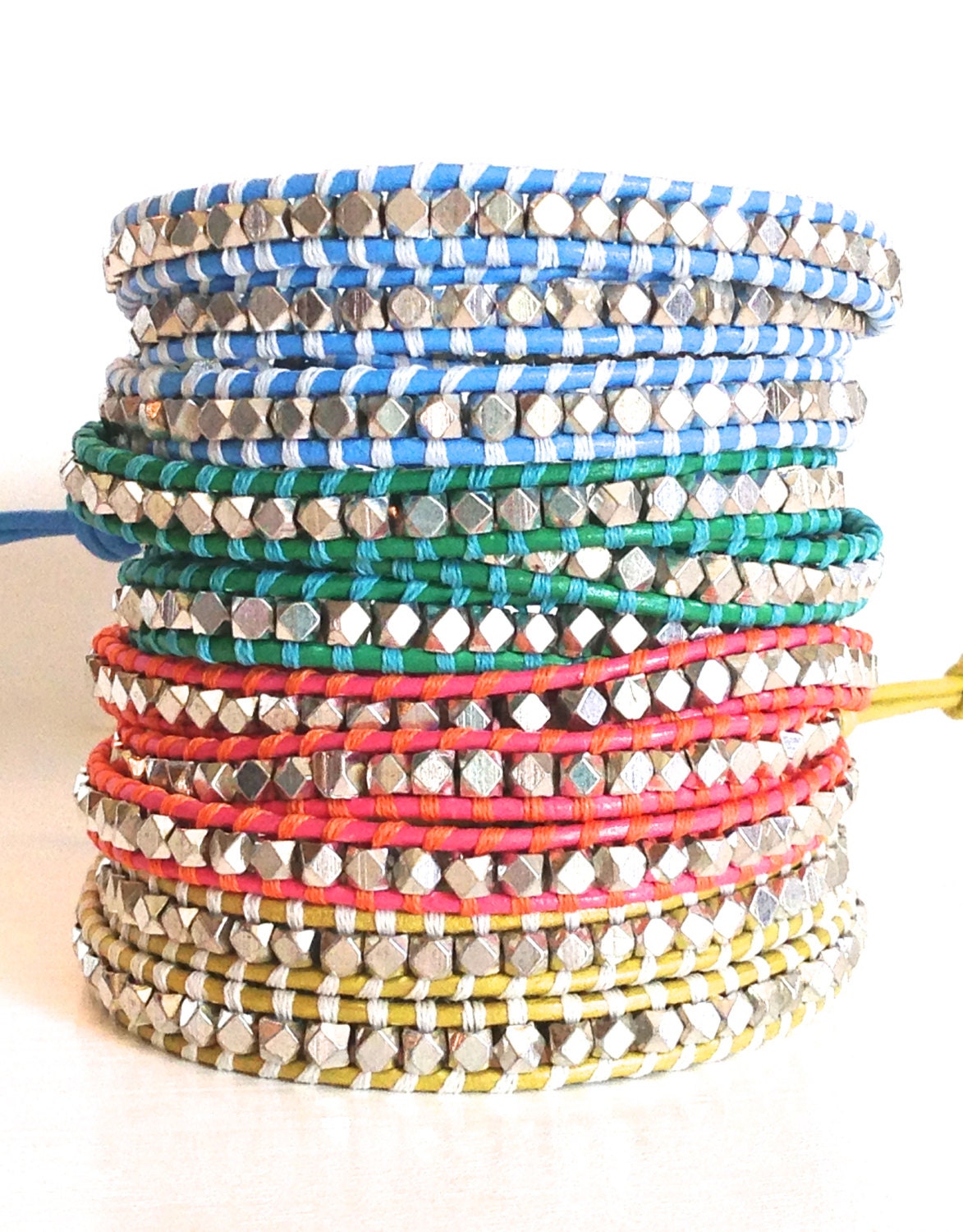 Sky Blue Leather Triple Wrap Bracelet with Silver Nuggets
