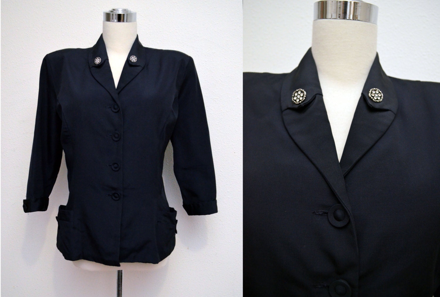 Vintage 40s Jacket // 1940s Black Jacket Faille Fabric Shoulder Pads Rhinestone Buttons XL B46