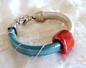 Leather Licorice Bracelet, Greek Leather, Turquoise and White Pearl Bracelet with Vintage Pink Ceramic Bead and Silver Plated Chain