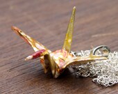 Origami Tsuru Crane Pendant Large - Red and Gold with White Flowers