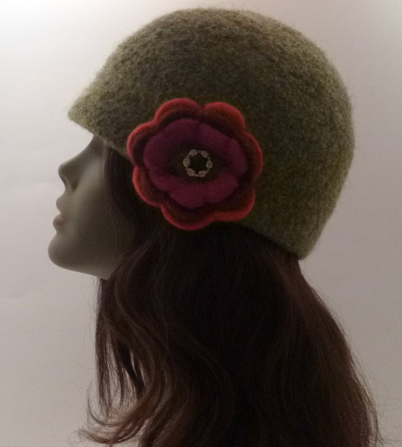 Womens Felted Cloche Hat Collection- Military Style Green Brimless Felted  Wool Cloche With Felted Flower