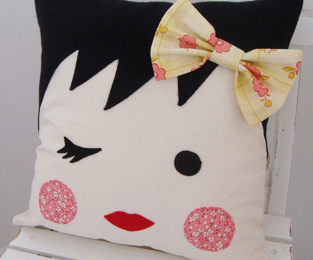 Winking Girl Face Pillow - Yellow and Pink Floral (233)