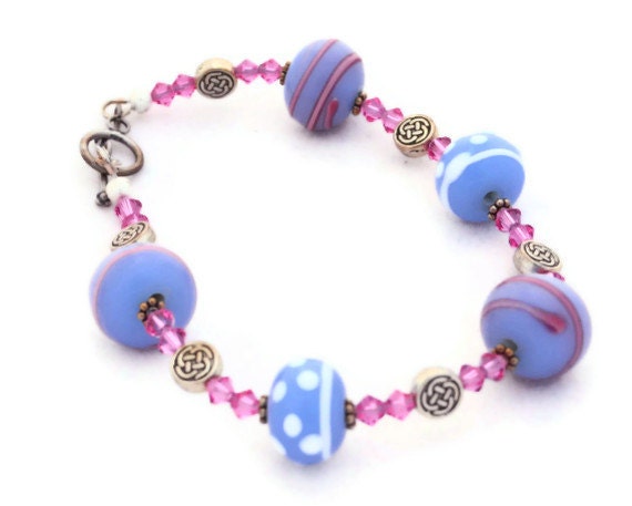 Pink and blue Lampwork Bracelet with Swarovski Crystals