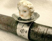 Authentic Frozen Charlotte Head Set in Antique Silver Adjustable Ring Setting