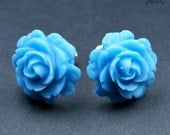 BLUE ROSES - sterling silver flower earrings, pin-earrings, ear post, azure, sky-blue