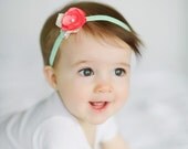 little coral or yellow rose on mint velvet band