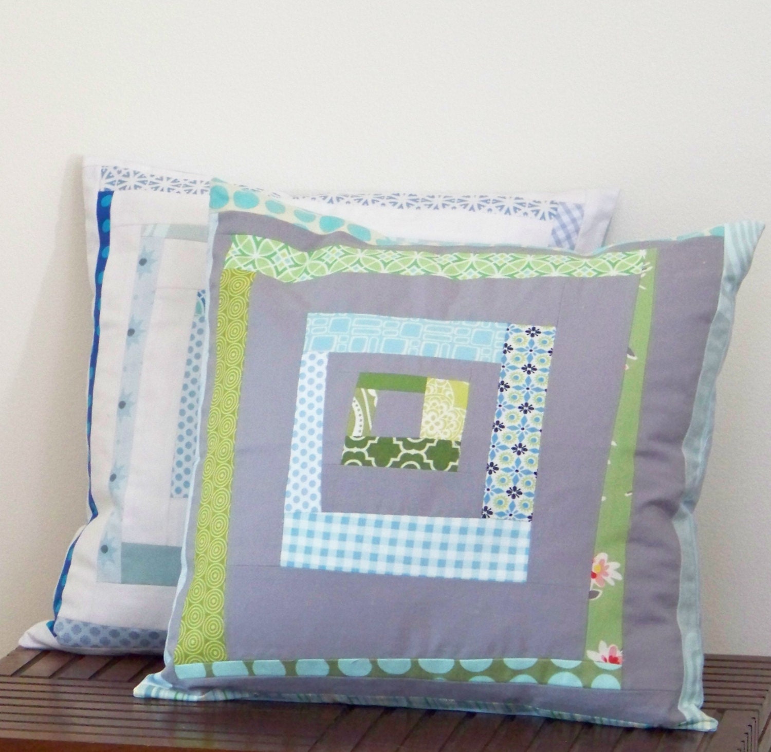 Modern Quilt Block Log Cabin Pillow in Green, Aqua, and Gray