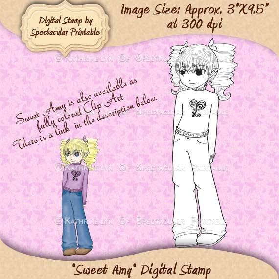 Sweet Amy Printable Coloring Page Little Girl Digital Rubber Stamp Image Clipart Digital Stamp Embellishment - INSTANT DOWNLOAD - DS9001