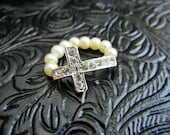 Crystal Pearl Sideways Cross Ring