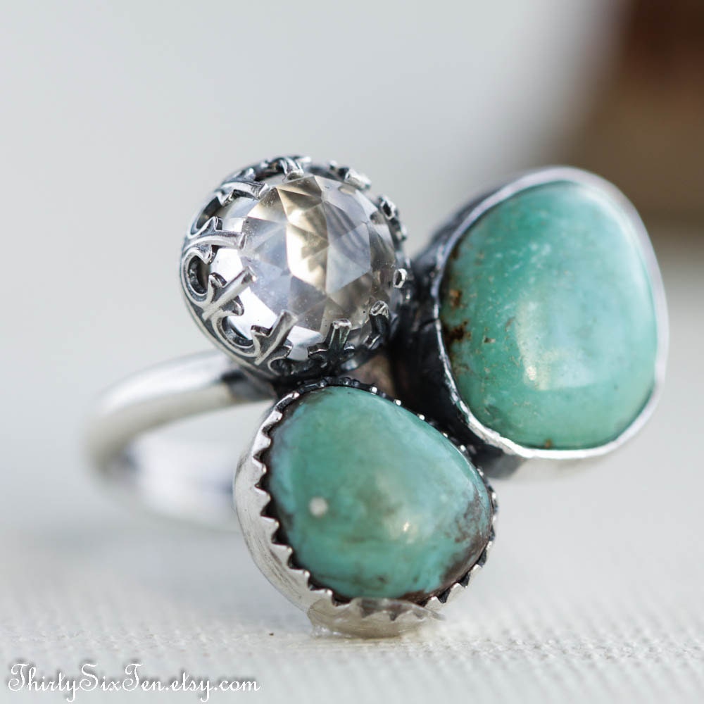 Three stone statement ring, Sterling Silver, Turquoise, White Topaz, size 8