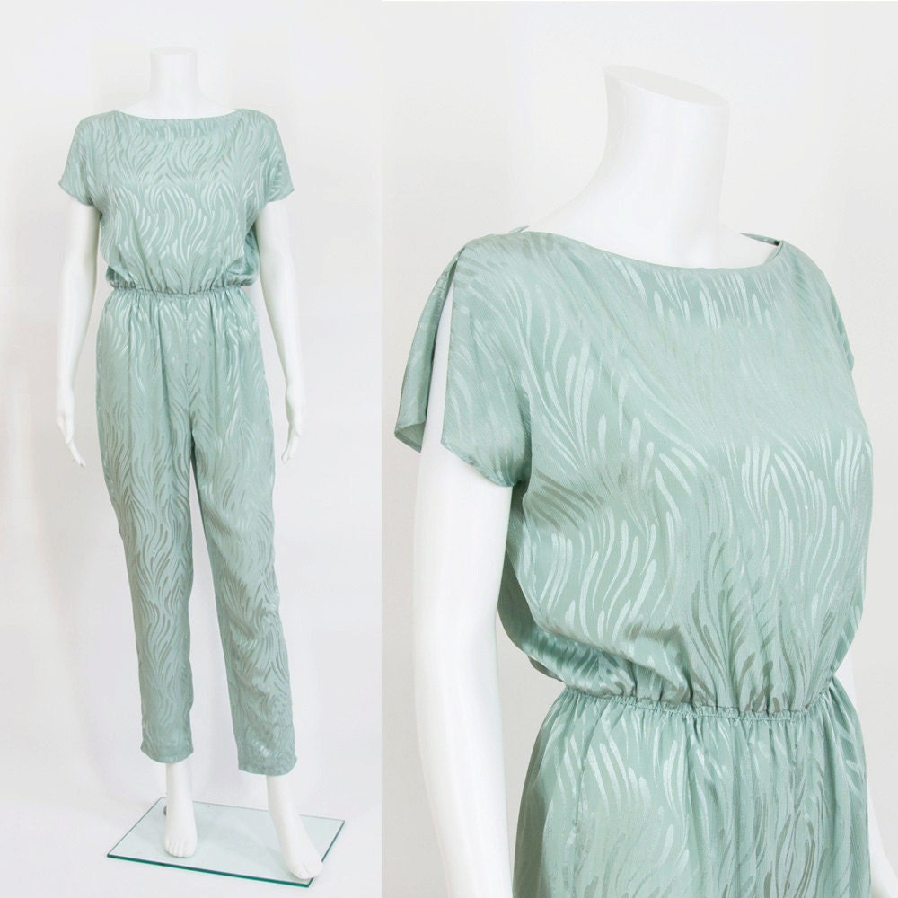 Sea Foam Green Swirl Jumpsuit / Fluttery Slit Sleeves / S / M