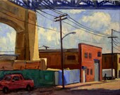 Oil Painting Landscape, Under the Kosciuszko Bridge, Brooklyn. Original Oil on Canvas, Framed Landscape