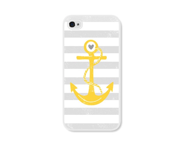 Striped Anchor Apple iPhone 5 Case - Plastic iPhone 5 Case - Nautical iPhone Case Skin - Mustard Yellow Grey White Cell Phone