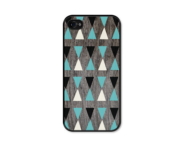 Geometric Triangle iPhone 4 Case - iPhone 4 Case - Wood iPhone 4 Skin - Turquoise Brown White Cell Phone For Him