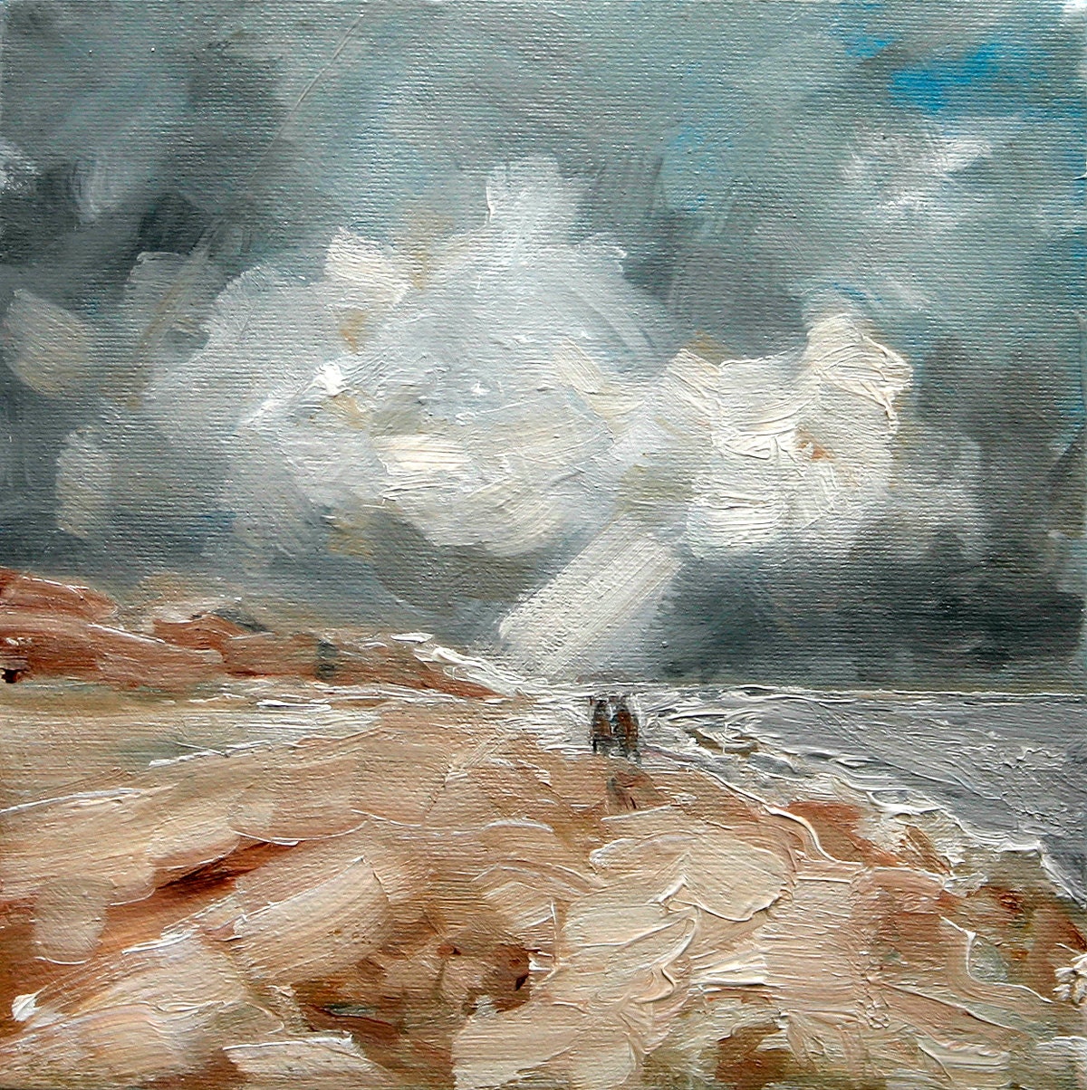Beach Sky People original oil painting Netherlands oil painting Dutch seascape 20 x 20 cm
