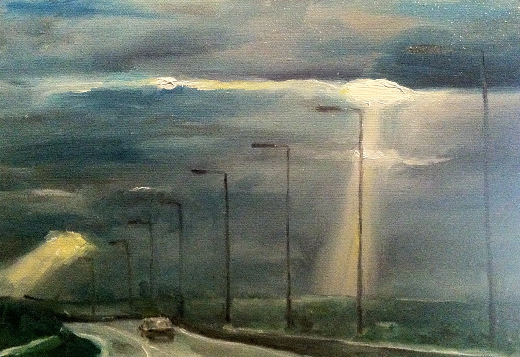 Morning Road Sun coming through original Dutch landscape 30 x 40 cm, 11,8 x 15,7 inches