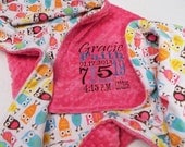 Minky Blanket - Personalized baby blanket -Fuchsia minky dot with circus owl print- 30x36"