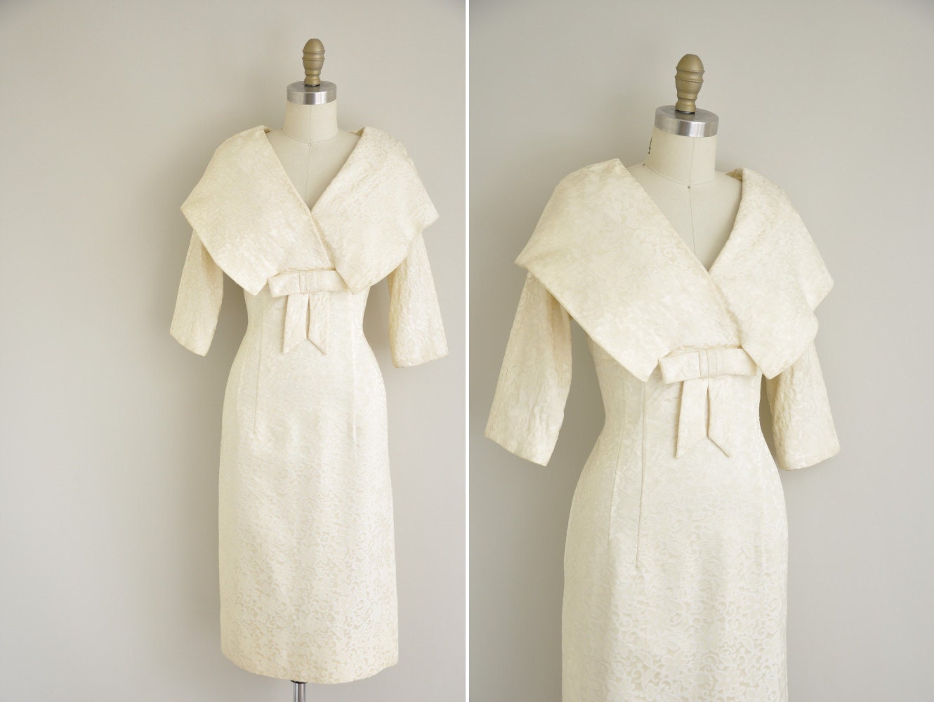 vintage dress 1950s dress / 50s cream brocade designer I. Magnin dress / 1950s cocktail wiggle dress