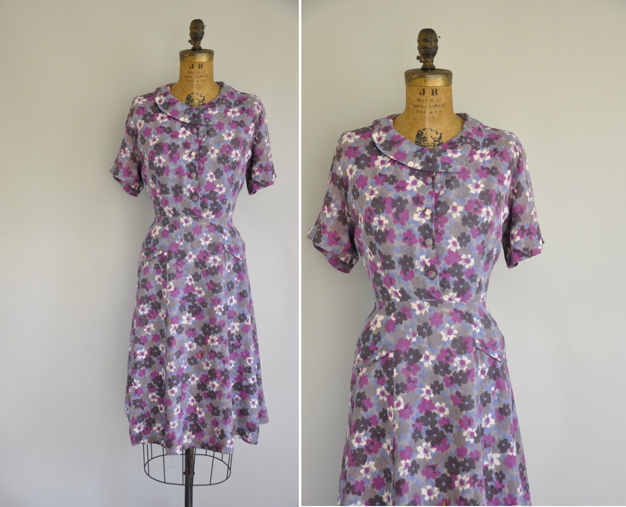 vintage 1950s dress / 50s purple and grey floral print dress / 1950s rayon print dress