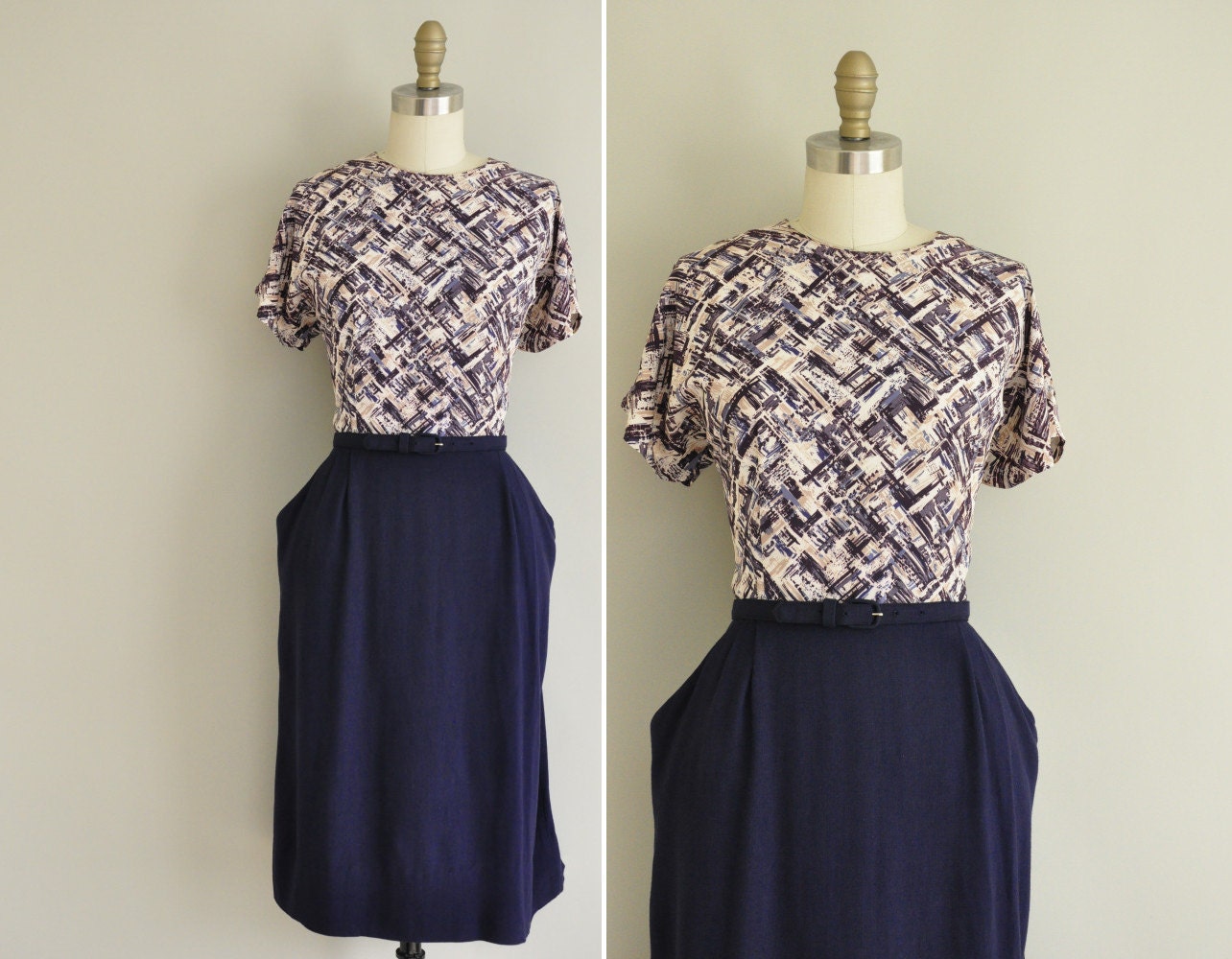 vintage 1950s wiggle dress / 50s linen and rayon dress / vintage 1950s dress