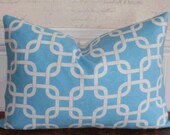 Decorative Pillow Cover: Designer 12 X 18 Accent Throw Pillow Cover in Turquoise and White Lattice Design