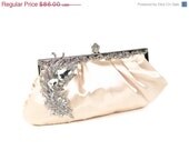 ON SALE Apricot Satin Bridal Clutch with Crystal Peacock Feather Brooch, Vintage Style Bridal Clutch Purse