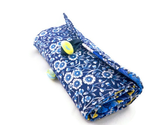 Roll for makeup brushes or crochet hook blue and white vintage fabric with handmade buttons