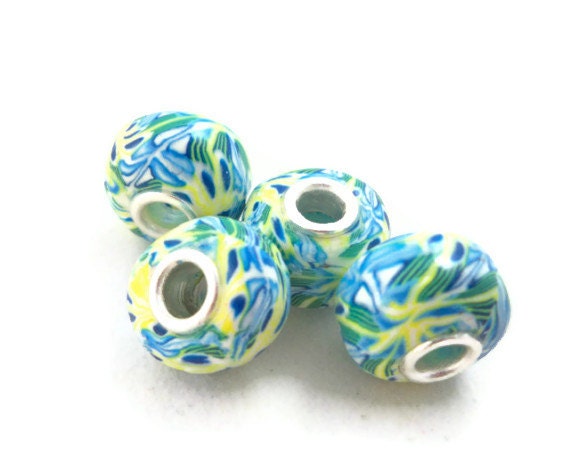 European style large hole beads handmade yellow, blue, green unique set of four