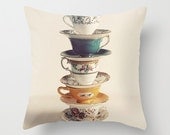 Home Decor, Pillow Cover, Photo PIllow, Tea Cups Stacked, Pastel Color, Spring House, Living Room, Bedroom, 16x16, 18x18, 20x20