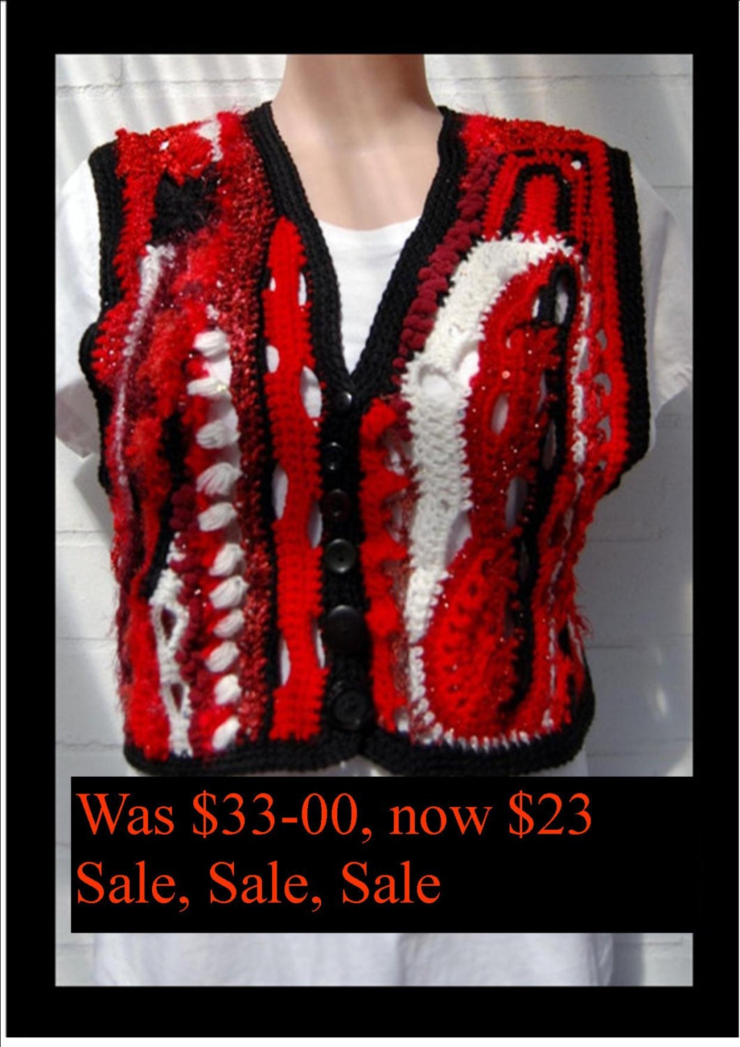 SALE - Freeform Crochet Bolero Vest Wearable Art of Reds Blacks and whites variety textured yarns
