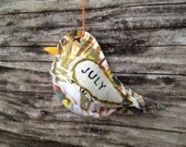 Bird Ornament- July- Repurposed Vintage Calendar Tea Towel- Hand Embroidered