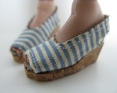 OOAK Blue and ivory striped open toe cork wedge sandals for 16 inch FR:16 and Poppy Parker Fashion Teen dolls