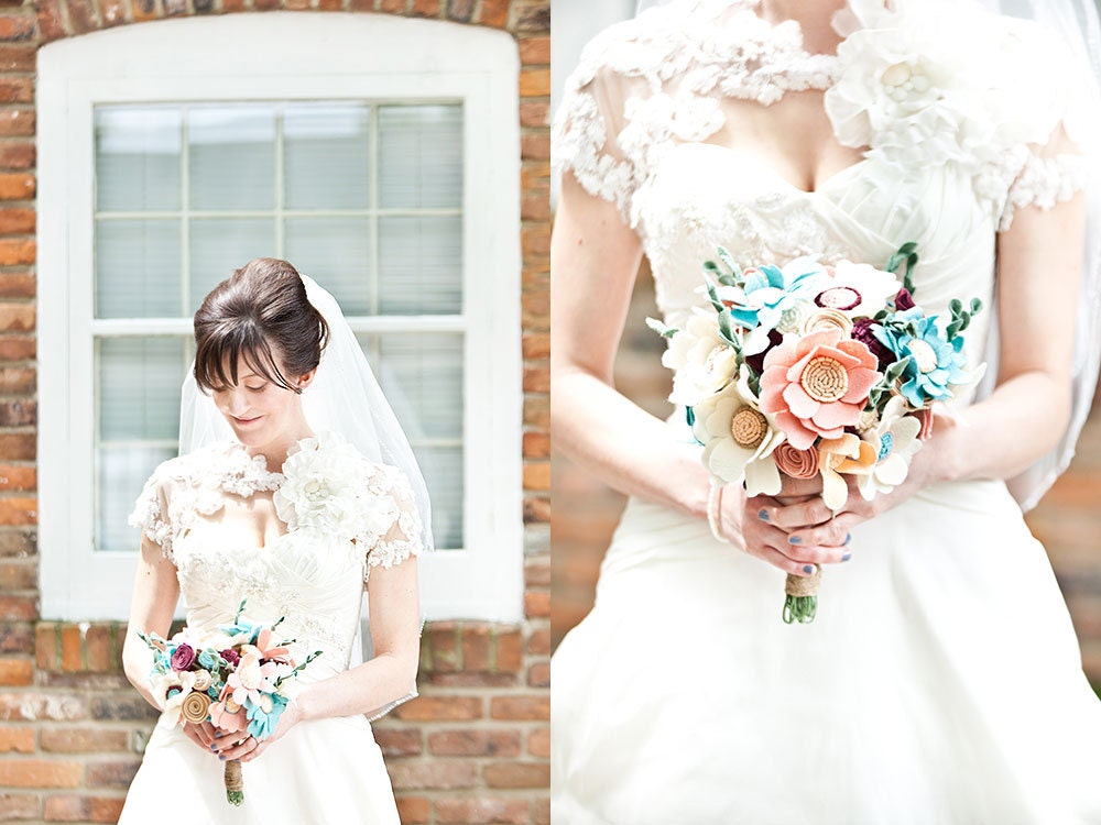 Custom Bridal Wildflower Bouquet - Pink, Blue, and Ivory - Felt Bouquet