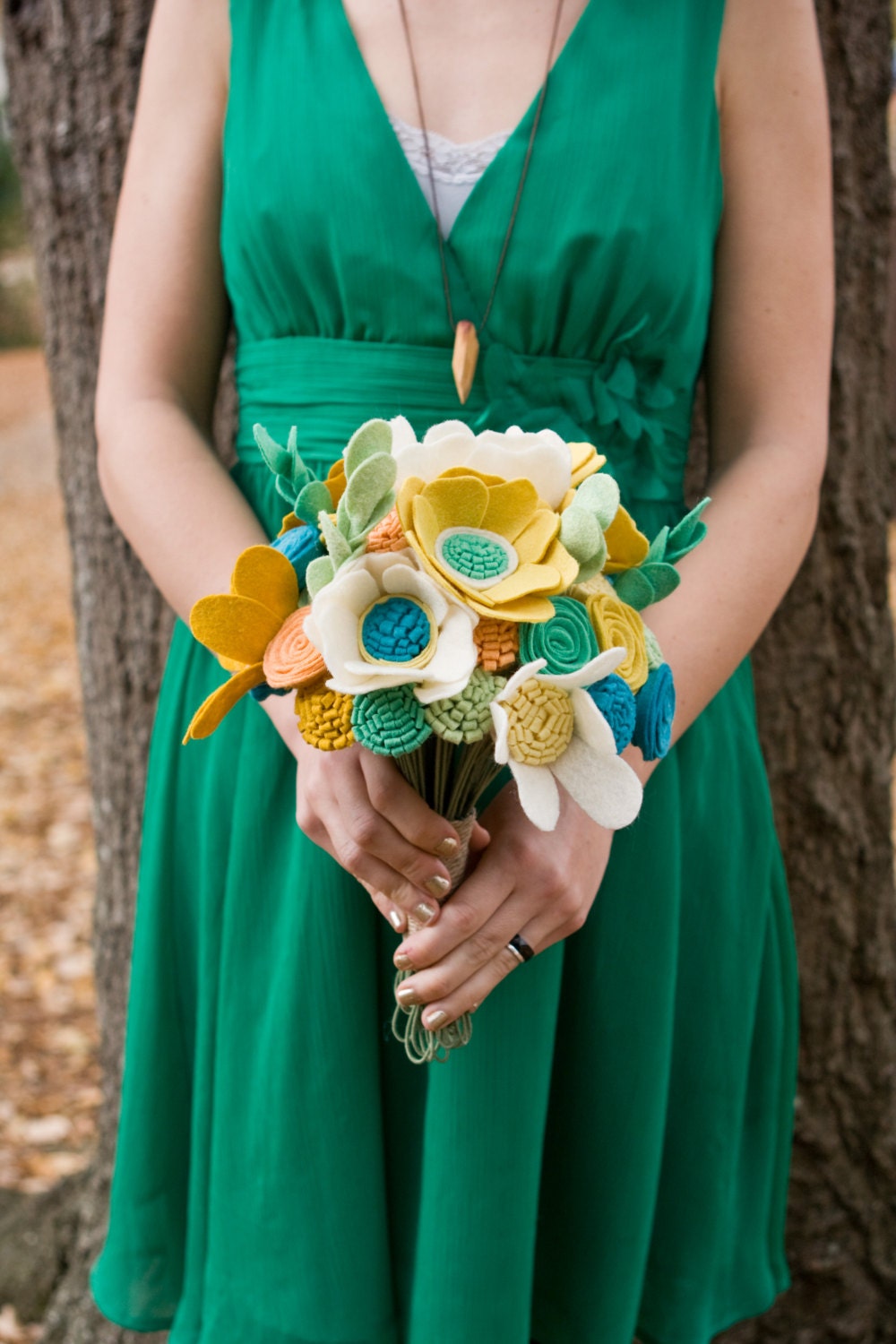 Custom Wildflower Felt Wedding Bouquet - Bridal - Alternative to fresh flowers - Yellow and Peacock Bouquet -